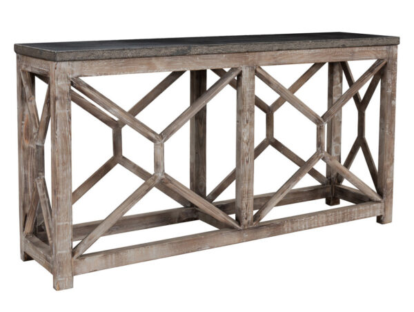 Wood console table with stone top side view