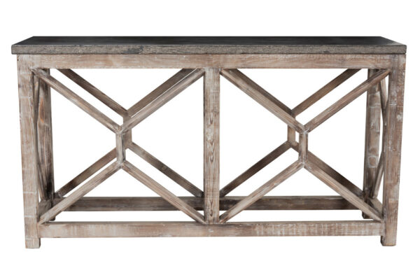 Wood console table with stone top front view