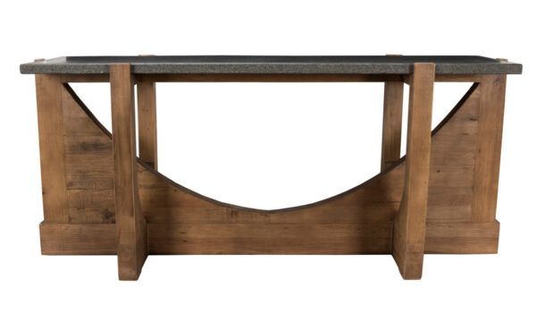 Wood console table with stone top front view