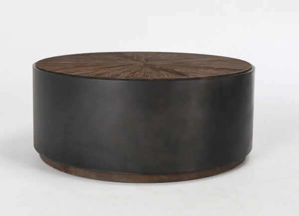 reclaimed wood round coffee table with black iron base
