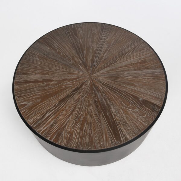 reclaimed wood round coffee table with black iron base view of top