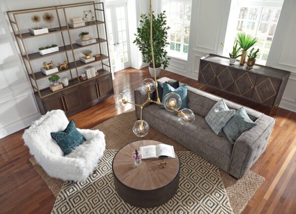 round black coffee table shown in living room setting