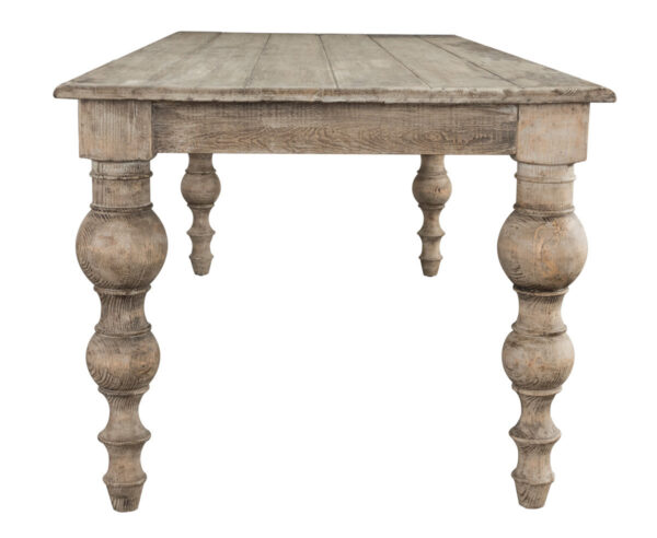 distressed wood dining table side view
