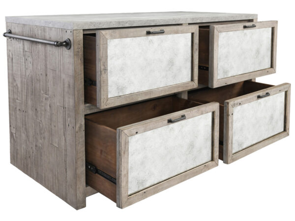 light wood and concrete island cabinet with open doors