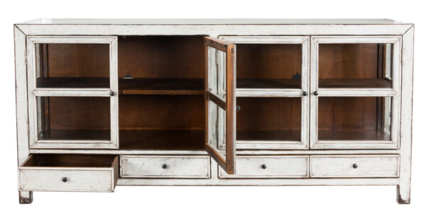white wood glass cabinet with open doors
