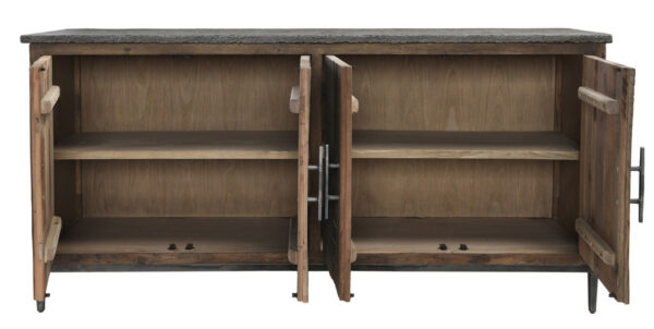 Reclaimed Wood and Stone Sideboard with open doors