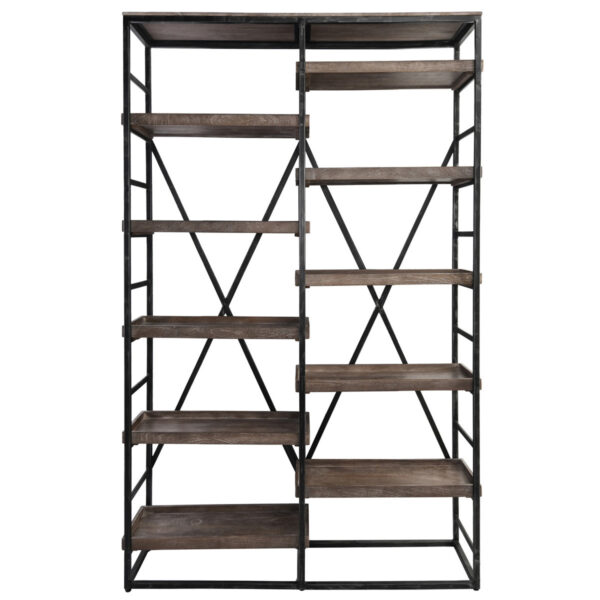Wood and metal open shelf bookcase