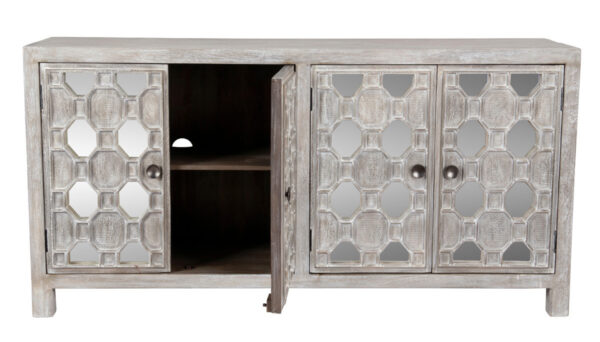 white wash wood and mirrored sideboard with open doors