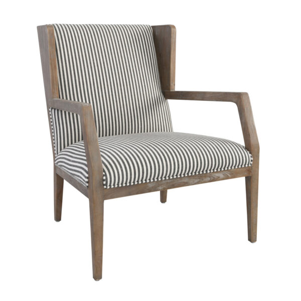 white and grey striped accent chair with wood legs