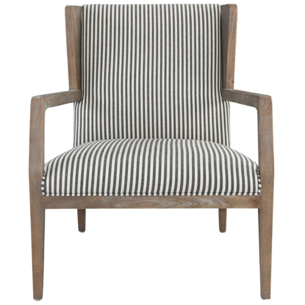 white and grey striped accent chair with wood legs front view