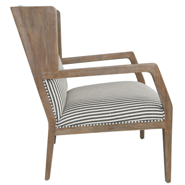 white and grey striped accent chair with wood legs side view