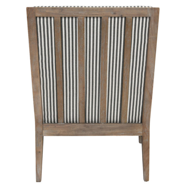 white and grey striped accent chair with wood legs back view