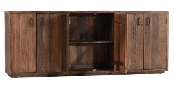 Rustic and chic reclaimed wood buffet in rich brown finish, inside