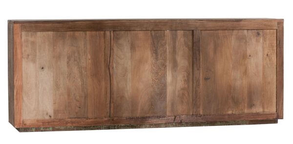Rustic and chic reclaimed wood buffet in rich brown finish, back