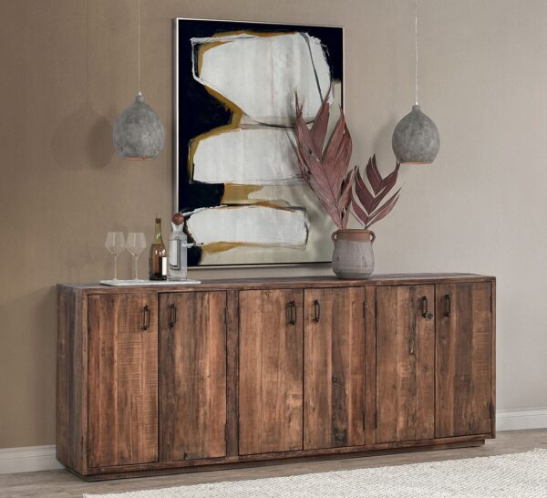 Rustic and chic reclaimed wood buffet in rich brown finish, shown in home setting