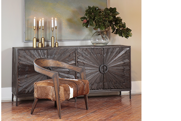 dark wood and iron sideboard in living room setting