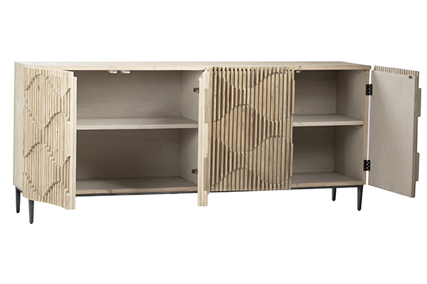 light natural wood sideboard with open doors