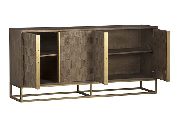 Light wood and brass sideboard cabinet open doors view