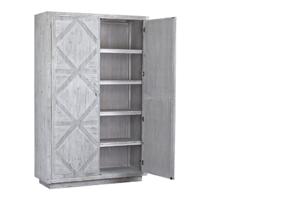 Large white wash tall armoire open door view