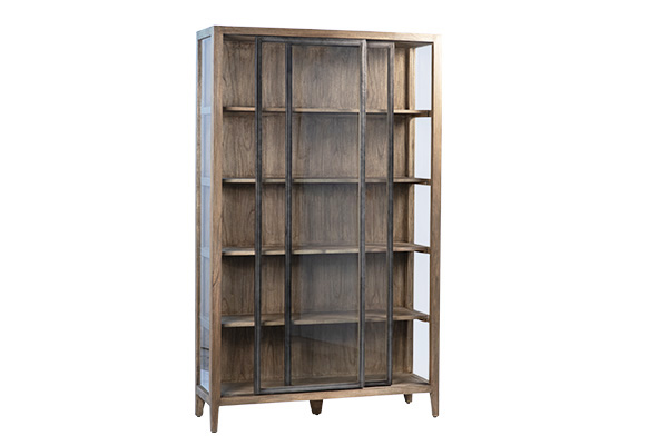 Tall wood cabinet with glass doors front view