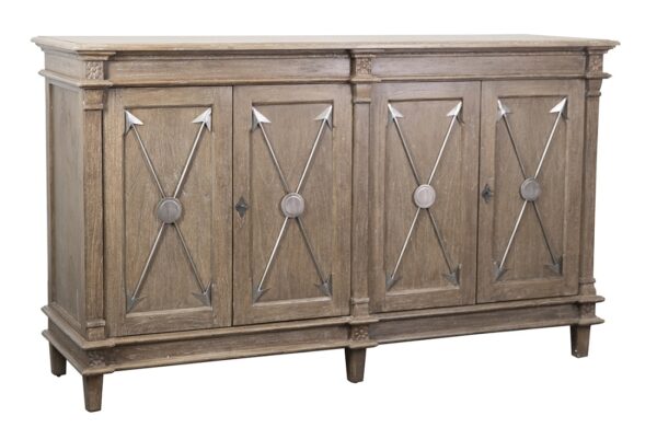 Brown sideboard with 4 doors and decorative metal arrows