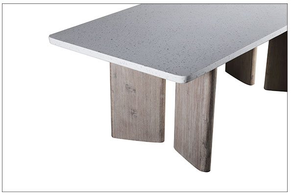 terrazzo top and wood base dining table close up