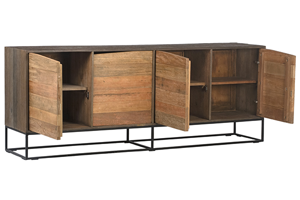 wood and iron sideboard with open doors