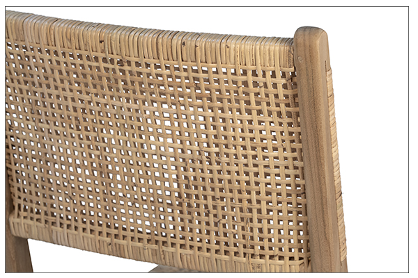 Teak and rattan dining chair close up of back
