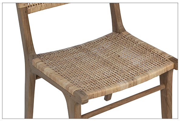 Teak and rattan dining chair close up of seat