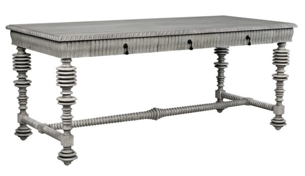 Large home desk with drawers, spindle legs, and grey finish