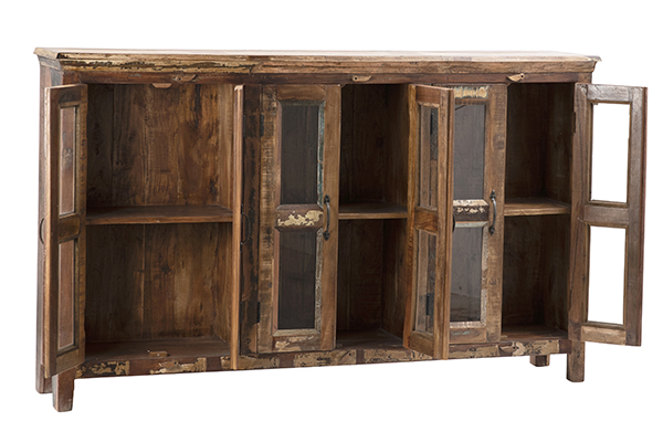 distressed wood glass cabinet with open doors