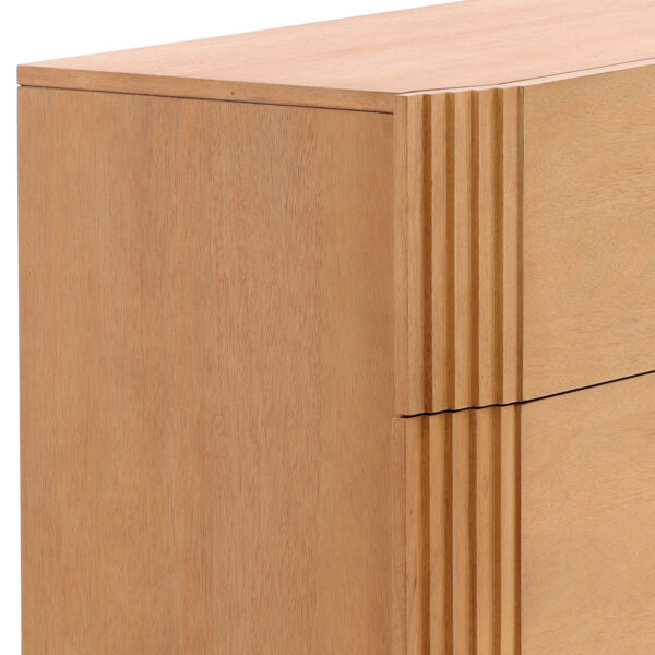 Six drawer sleek dresser with glides in tan color, detail