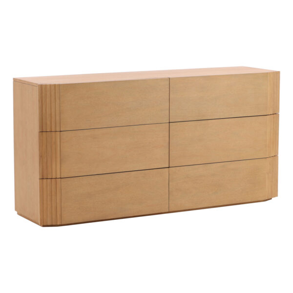 Six drawer sleek dresser with glides in tan color, overview