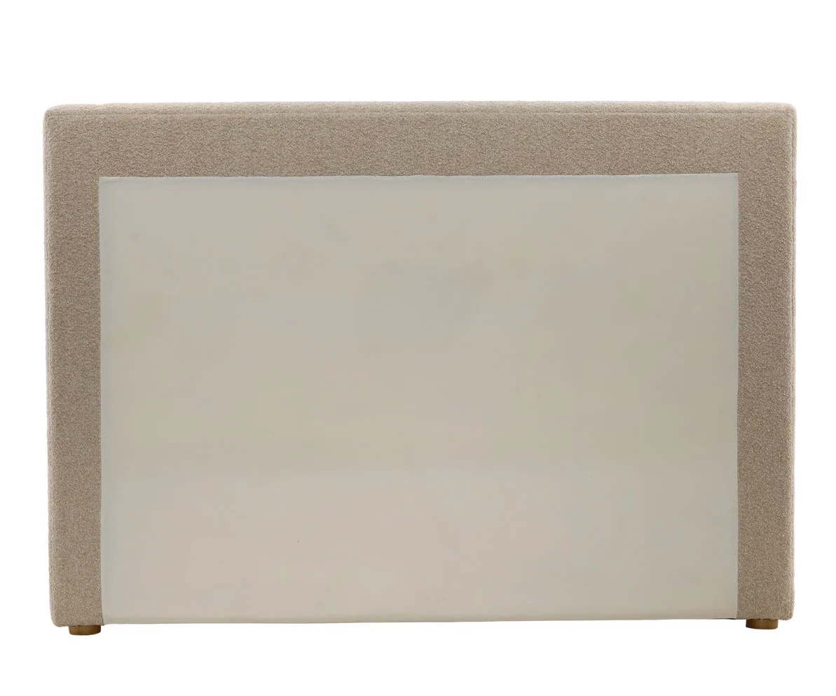 Modern upholstered bed in Wilshire Sand with chunky boucle fabric and clean, low-profile design, back