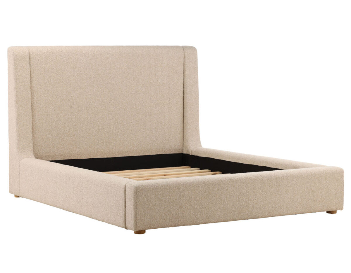 Modern upholstered bed in Wilshire Sand with chunky boucle fabric and clean, low-profile design