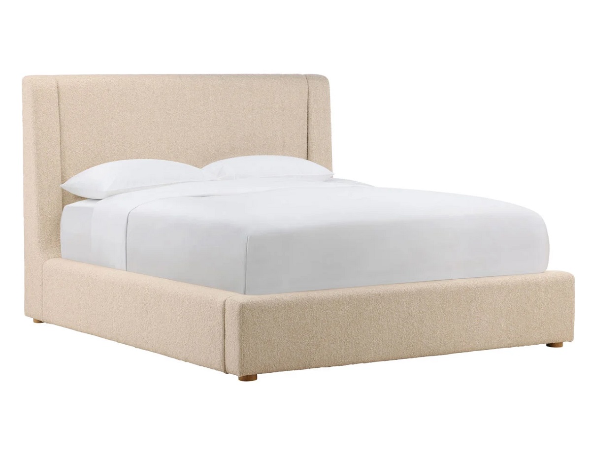 Elegant upholstered bed in Wilshire Sand boucle fabric featuring smooth lines and soft texture, modern Queen bed design.