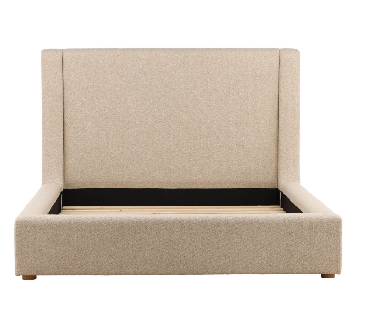Elegant upholstered bed in Wilshire Sand boucle fabric featuring smooth lines and soft texture, modern Queen bed design, front