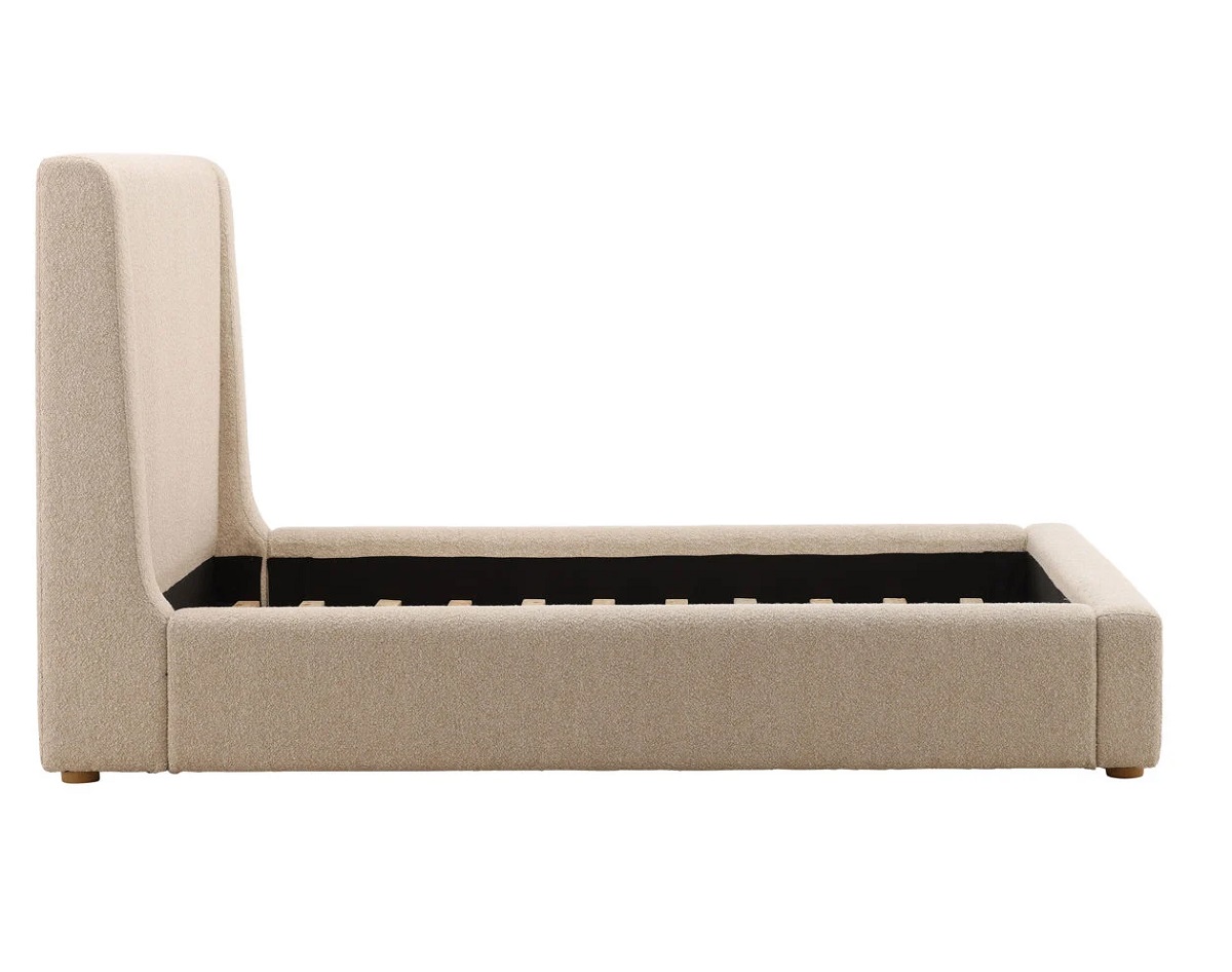 Modern upholstered bed in Wilshire Sand with chunky boucle fabric and clean, low-profile design, profile