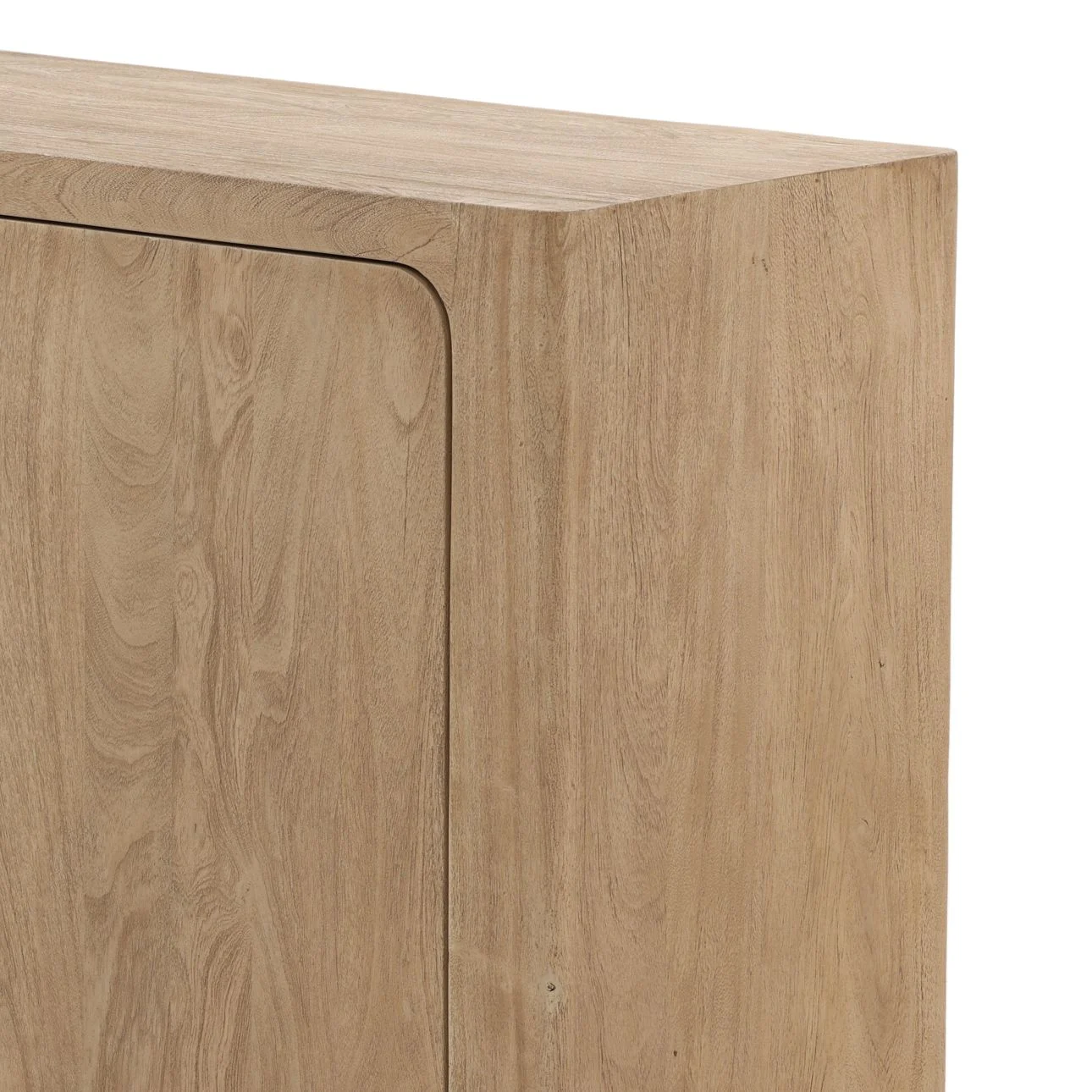 Four-door folding sideboard in reclaimed pine wood with a brown finish, shown in a detail view.
