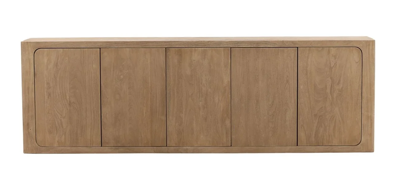 Four-door folding sideboard in reclaimed pine wood with a brown finish, shown in a front view.