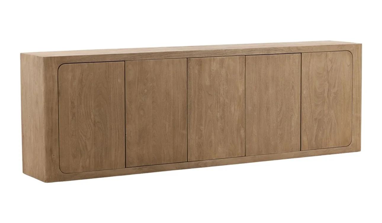 Four-door folding sideboard in reclaimed pine wood with a brown finish, shown in a front three-quarter view.
