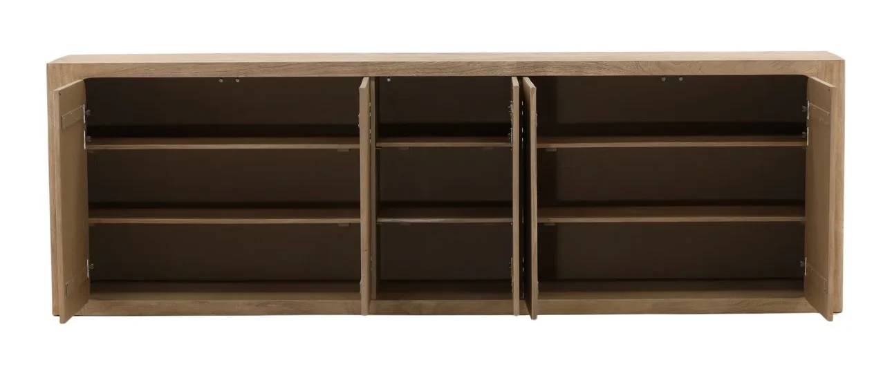 Four-door folding sideboard in reclaimed pine wood with a brown finish, shown in an open view.