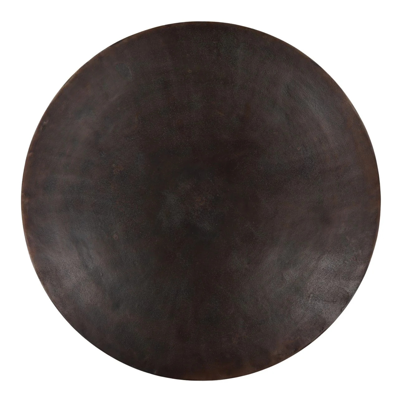 Round aluminum coffee table with sculptural base in antique bronze finish, designed for modern and transitional living rooms. Top view