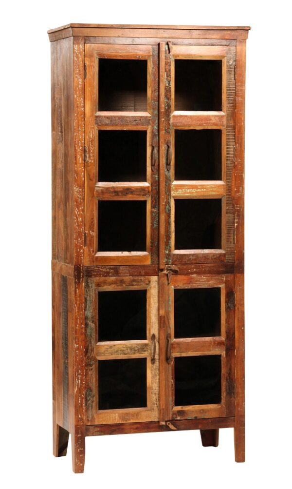 Tall wood cabinet with 4 doors with glass inserts and multicolor paint.