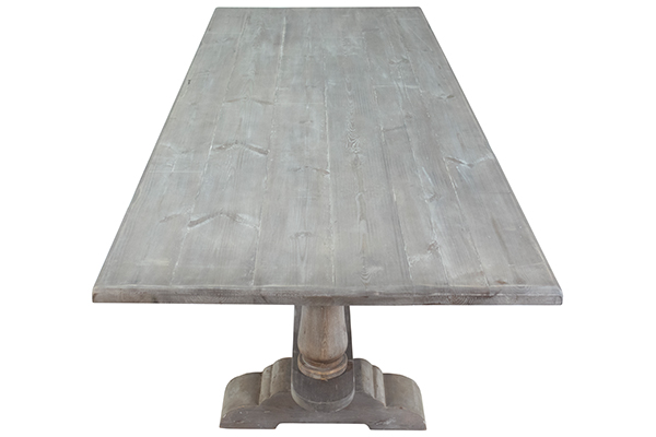 Light grey trestle dining table view of the top