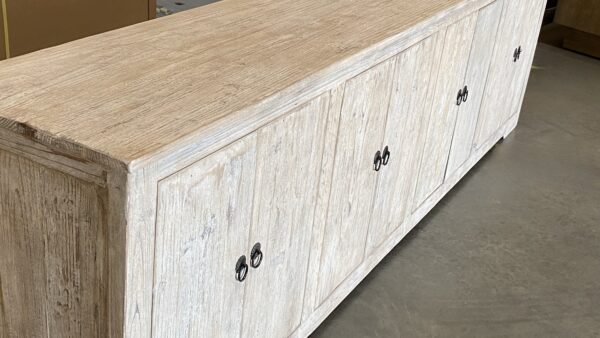 Long reclaimed wood sideboard TV console in natural color view of the top