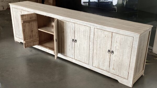 Long reclaimed wood sideboard TV console in natural color with door open