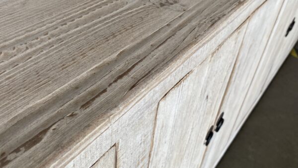 Long reclaimed wood sideboard TV console in natural color close up