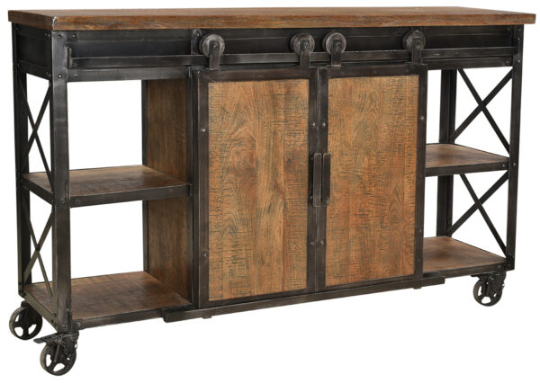 wood and iron sideboard on wheels with c