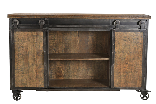 wood and iron sideboard cart with open doors